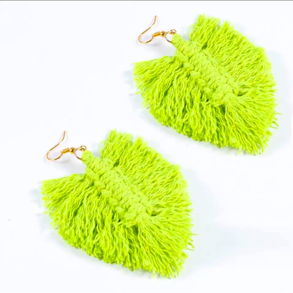 Macrame Tassel Earrings Artisanal  Lime Green Handcrafted